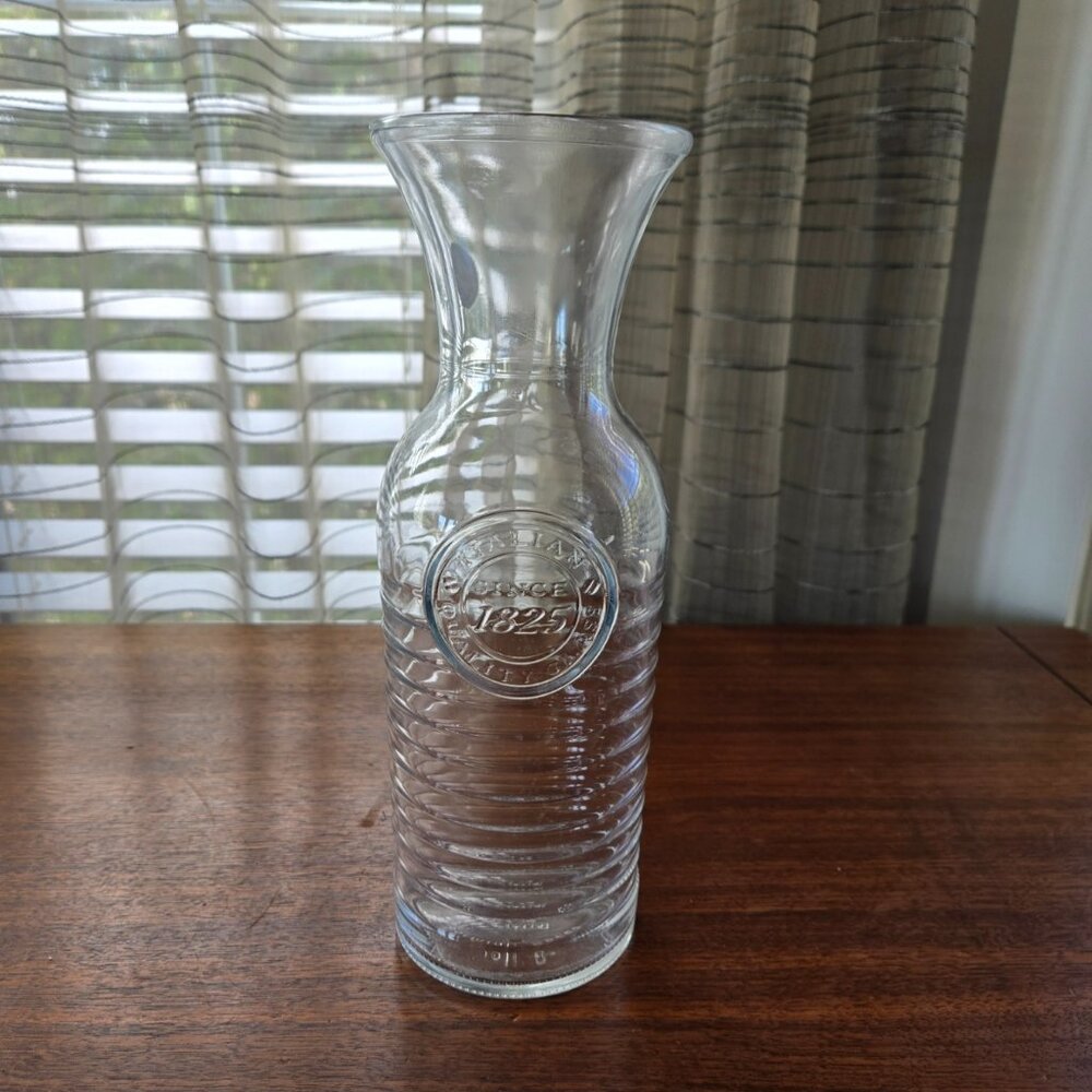 Bormioli Rocco 1.2L Glass Carafe, Vintage Italian Ribbed Labeled Jug 11"